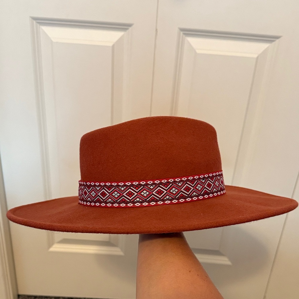 Rust Wide Brim Hat with Patterned Band